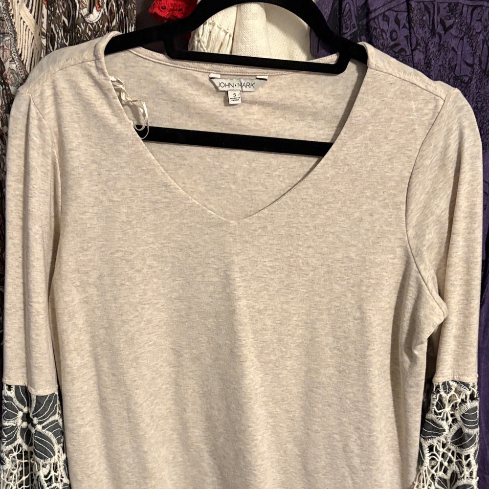John Mark Cream Lace Sleeve Long Sleeve Top